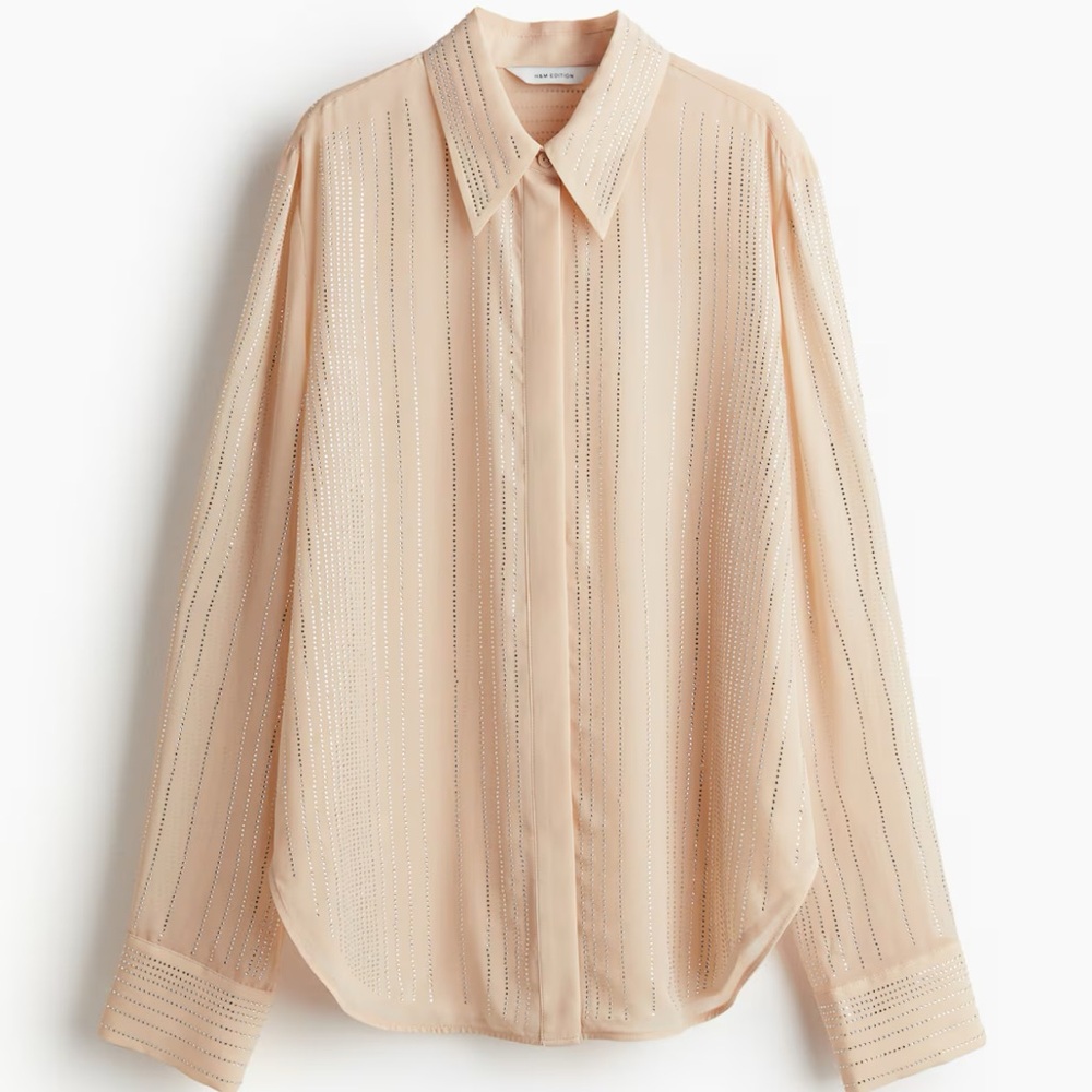 H&M Edition Beige Rhinestone Embellished Button-Up Shirt